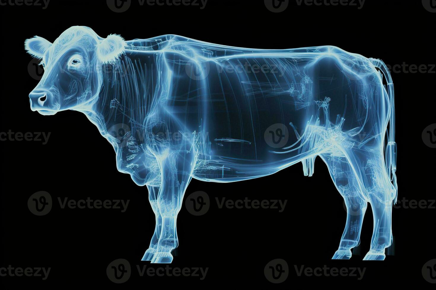 Cow in blue x-ray glow on a black background. X-ray of a cow. Generated by artificial intelligence photo