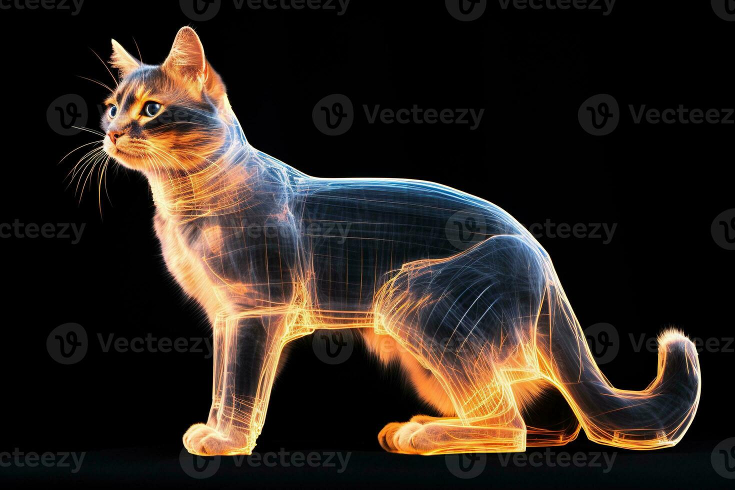 Cat with golden glow on a black background. X-ray of a cat. Generated by artificial intelligence photo