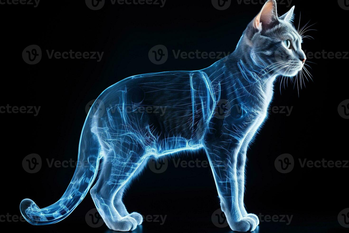 Grey cat with blue x-ray glow on a black background. X-ray of a cat. Generated by artificial intelligence photo