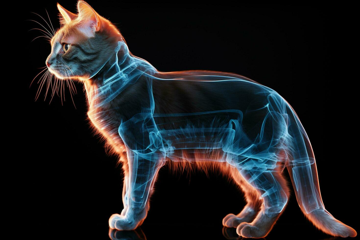 Ginger cat with blue x-ray glow on a black background. X-ray of a cat. Generated by artificial intelligence photo