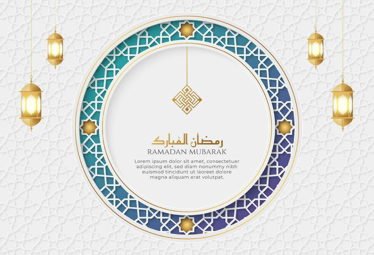 Ramadan Kareem White and Blue Luxury Islamic Background with Decorative Ornament Frame and Lanterns vector