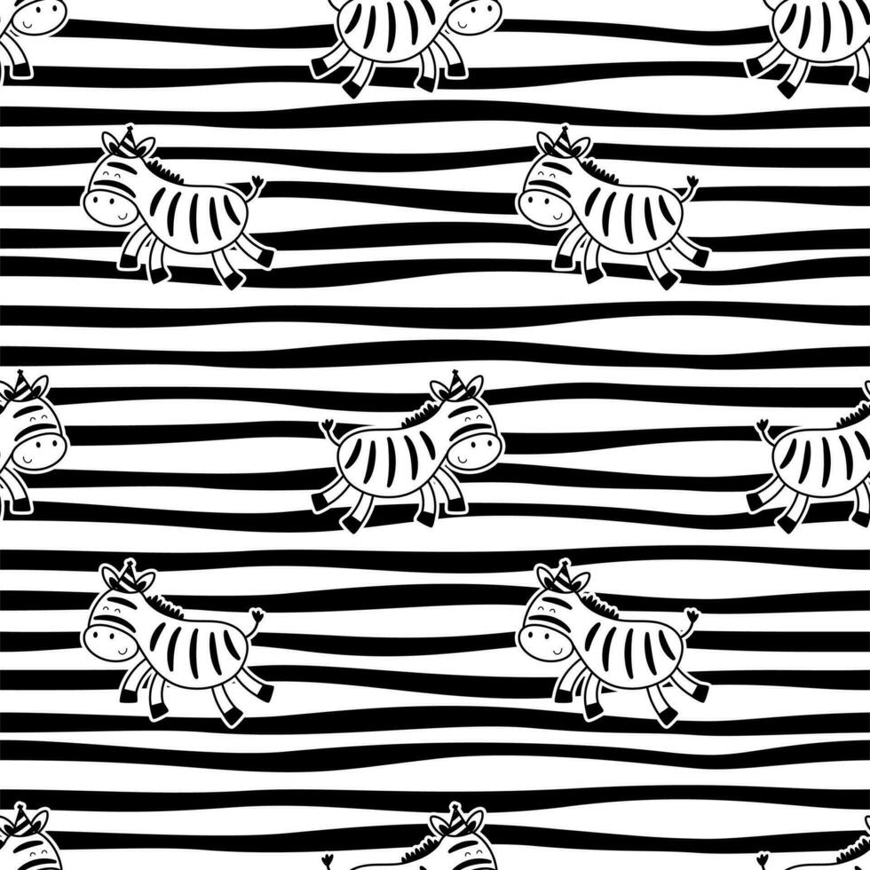Zebras with party hat hand drawn seamless pattern. Cute cartoon Zebra on stripped background vector