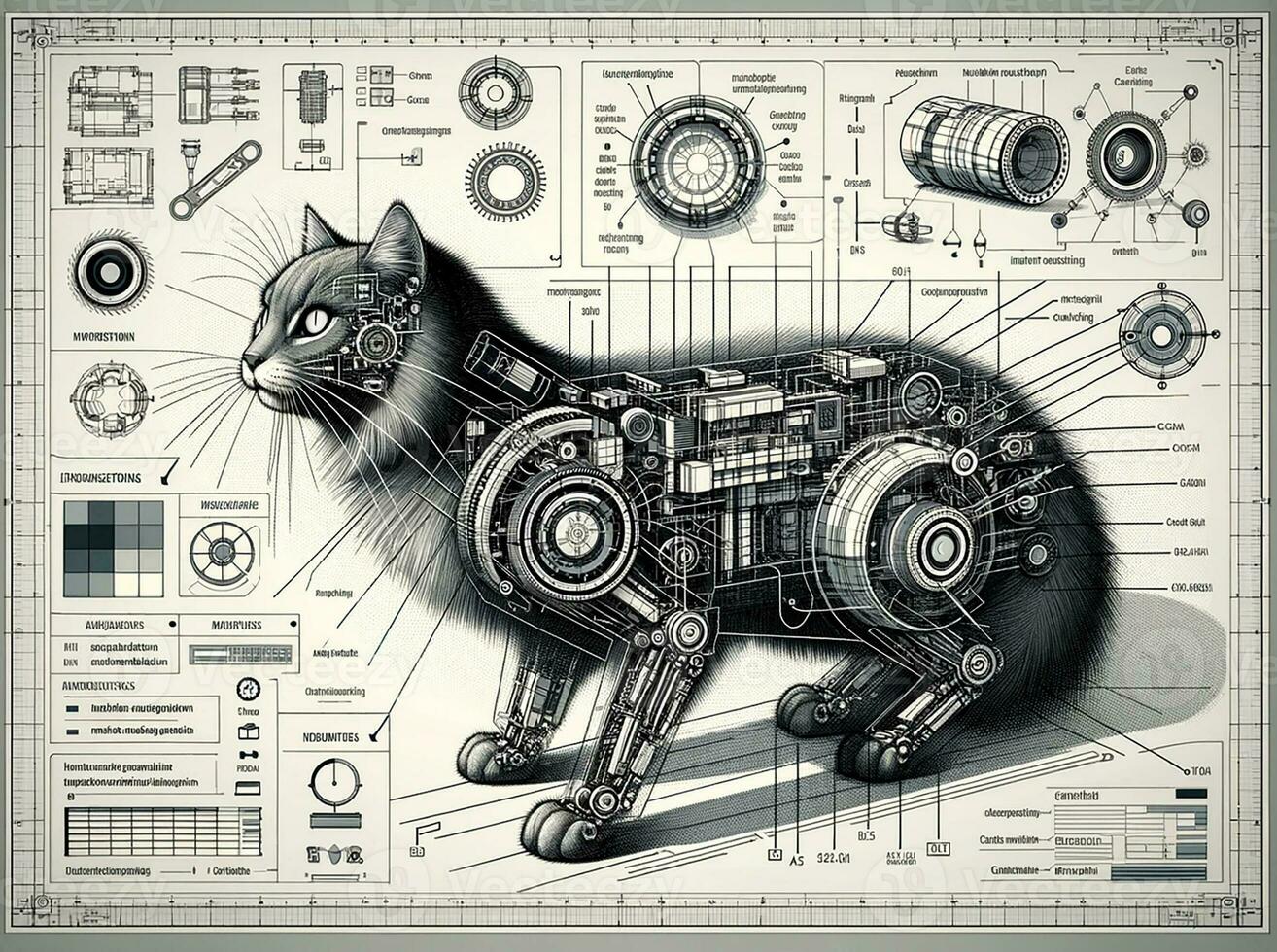 Engineering blueprint of a cat with a focus on informational or three-dimensional modeling related to BIM. Perfect content for posters, wallpaper, postcards, fabric, napkins and other creative project photo