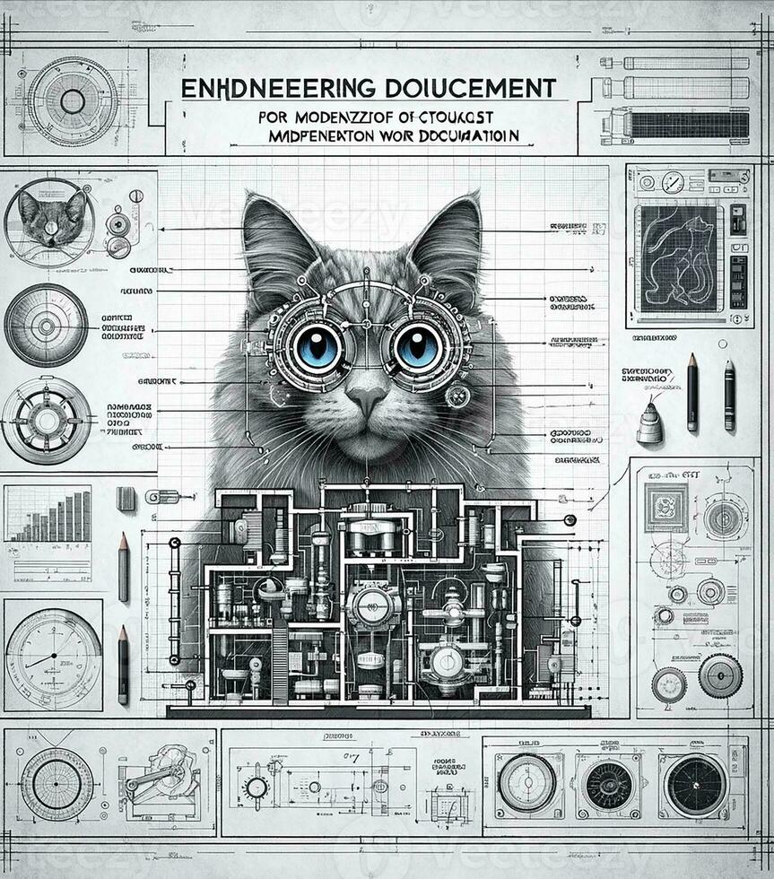 Engineering blueprint of a cat with a focus on informational or three-dimensional modeling related to BIM. Perfect content for posters, wallpaper, postcards, fabric, napkins and other creative project photo