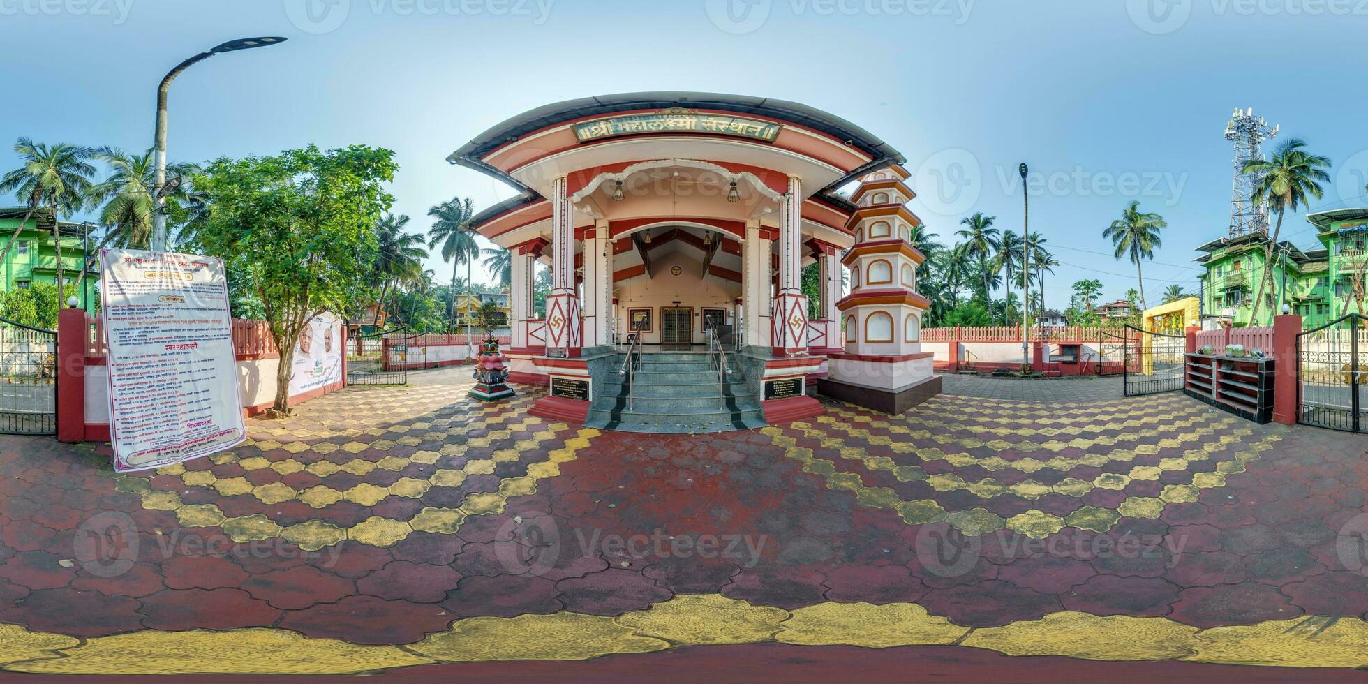 full hdri 360 panorama near hindu temple of goddess laxmi in jungle among palm trees in Indian tropic village in equirectangular projection. VR AR content photo