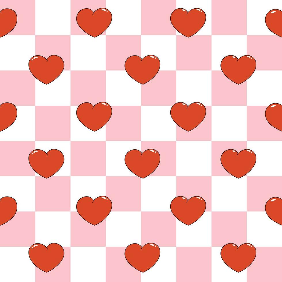 Seamless pattern of red hearts. Cartoon elements in trendy retro style on pink checkerboard background vector