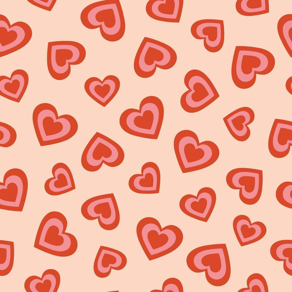 Seamless pattern of red and pink hearts. Cartoon elements in trendy retro style on pink background vector