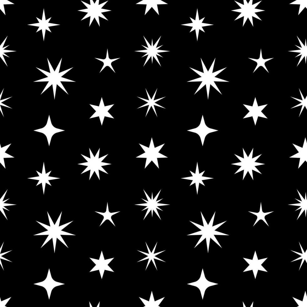 Vector seamless pattern of futuristic sparkle stars. Abstract print. Seamless pattern with star shape elements on black background. Abstract cool shine wrapping or textile design.