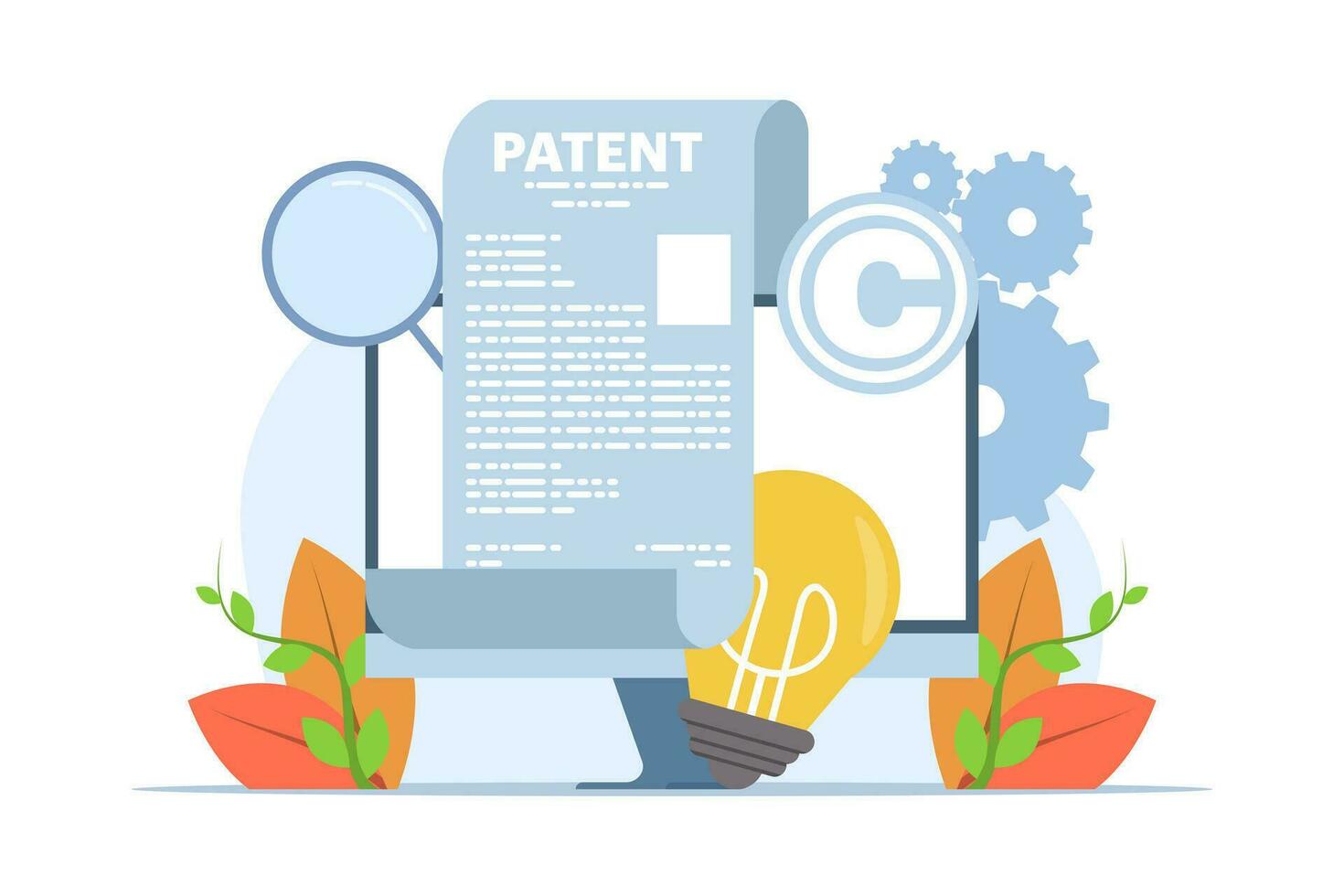 Patent law copyright concept, copyright protected by law, patent protection, intellectual property concept, copyright symbol, electronic legal document, digital law. flat vector illustration.