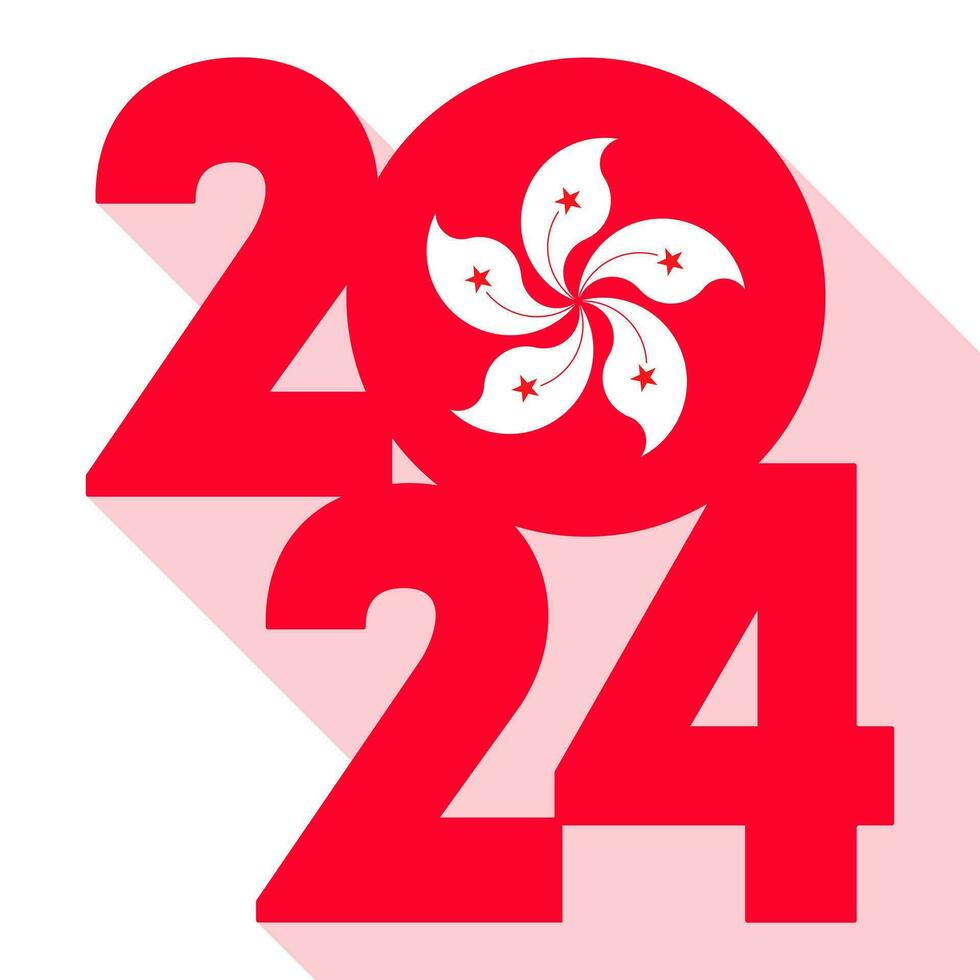 Happy New Year 2024, long shadow banner with Hong Kong flag inside. Vector illustration.