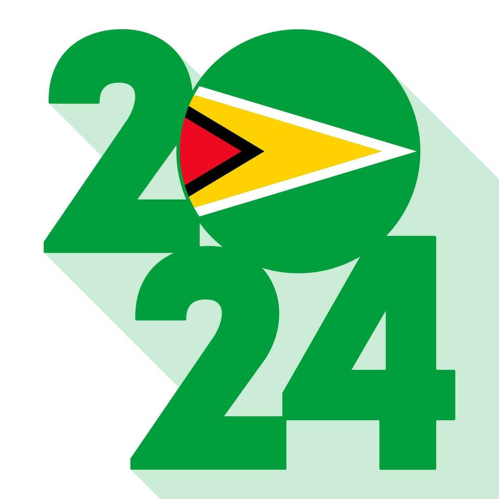 Happy New Year 2024, long shadow banner with Guyana flag inside. Vector illustration.