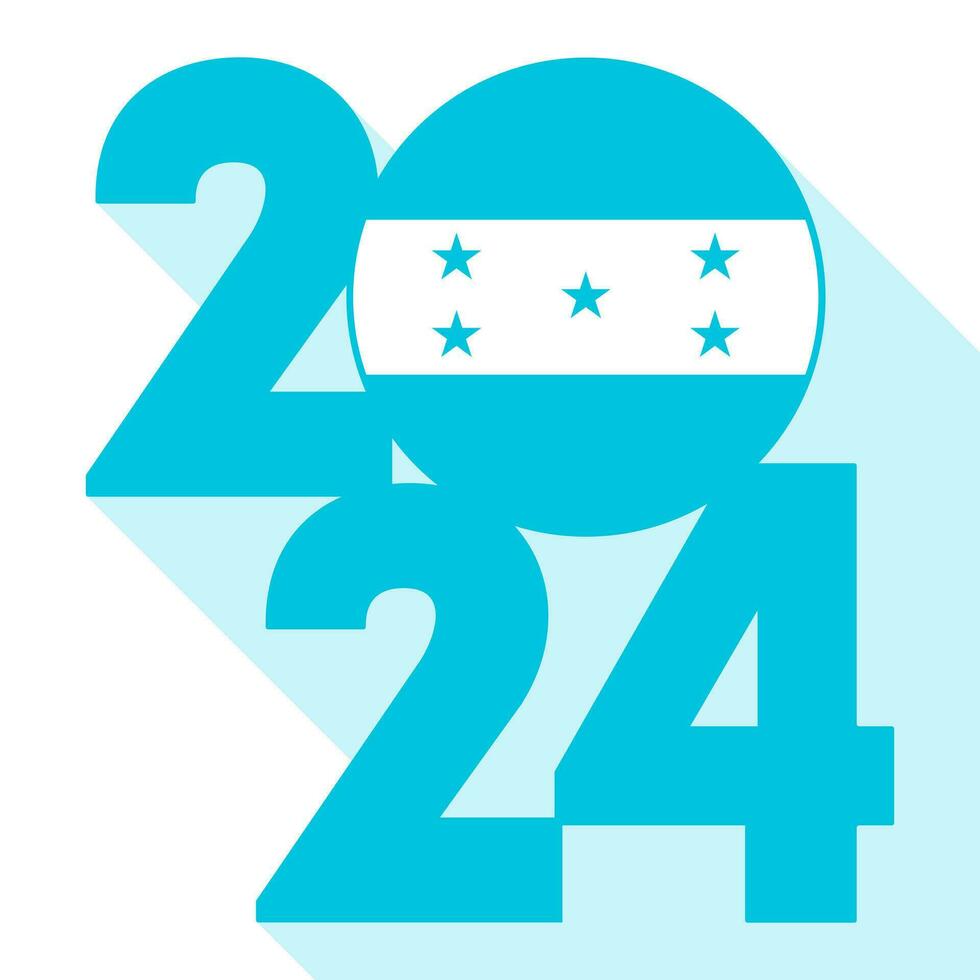 Happy New Year 2024, long shadow banner with Honduras flag inside. Vector illustration.
