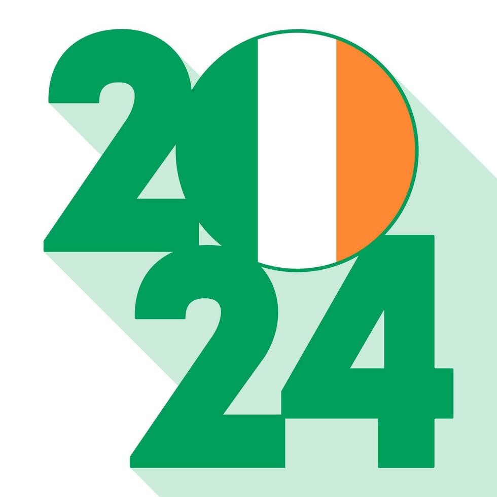 Happy New Year 2024, long shadow banner with Ireland flag inside. Vector illustration.