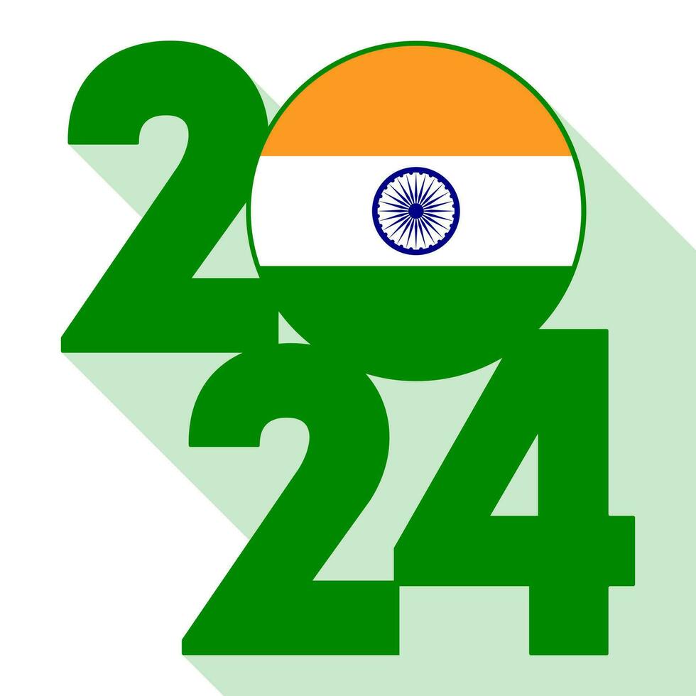 Happy New Year 2024, long shadow banner with India flag inside. Vector illustration.