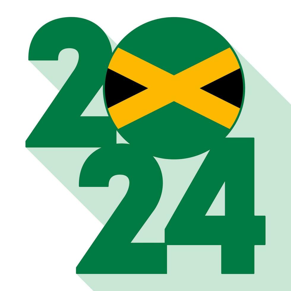 Happy New Year 2024, long shadow banner with Jamaica flag inside. Vector illustration.