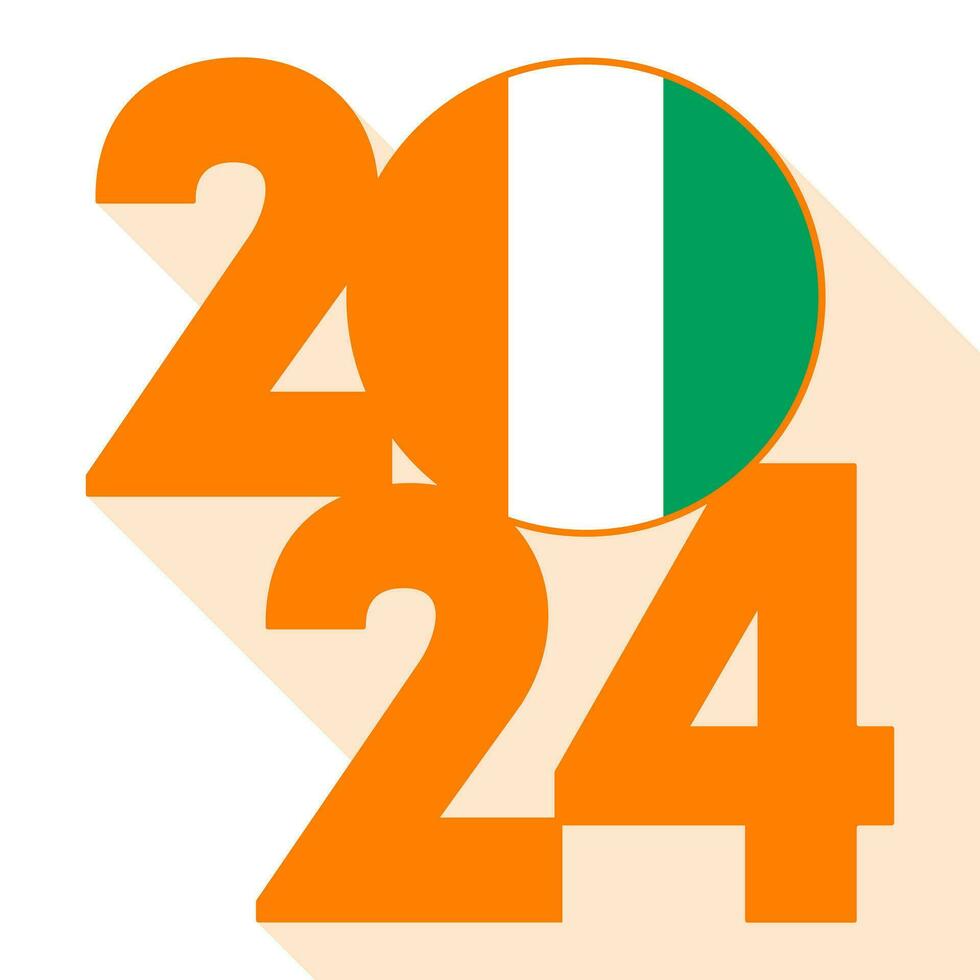 Happy New Year 2024, long shadow banner with Ivory Coast flag inside. Vector illustration.