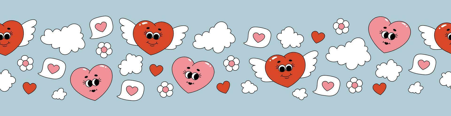 Seamless border of groovy hearts, flowers and clouds. Cartoon characters and elements in trendy retro style on blue background vector