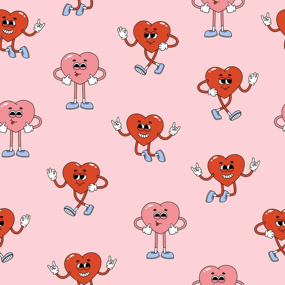 Seamless pattern of groovy hearts characters. Cartoon characters in trendy retro style on pink background vector