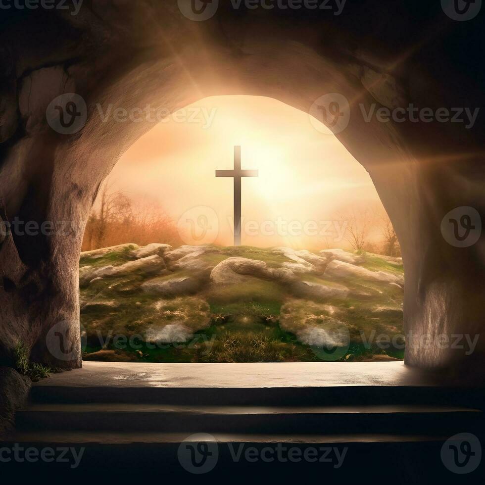 Resurrection Of Jesus Christ, Tomb Empty, Crucifixion At Sunrise photo