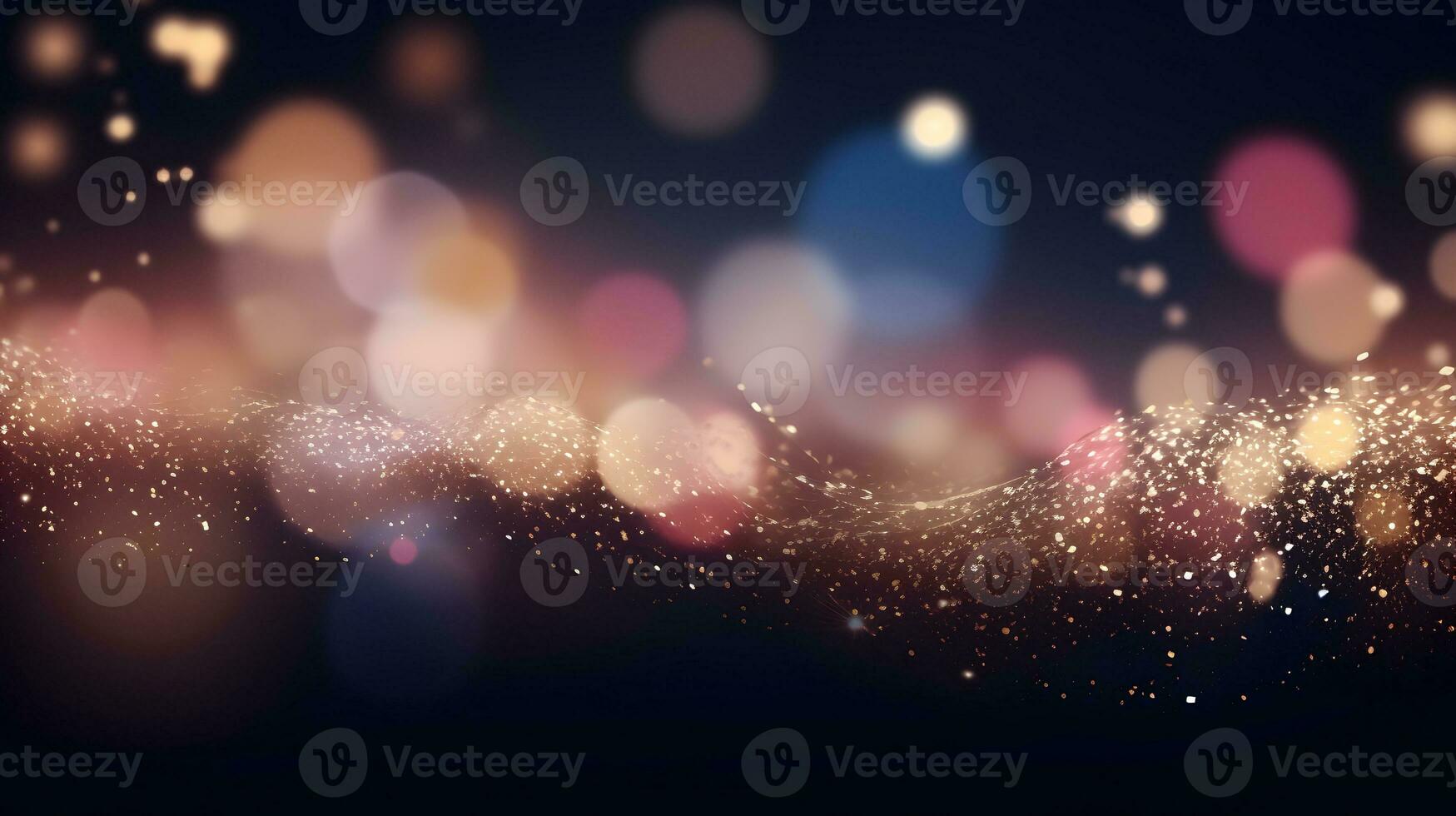 Wave shaped golden bokeh light particles background. Defocused. photo