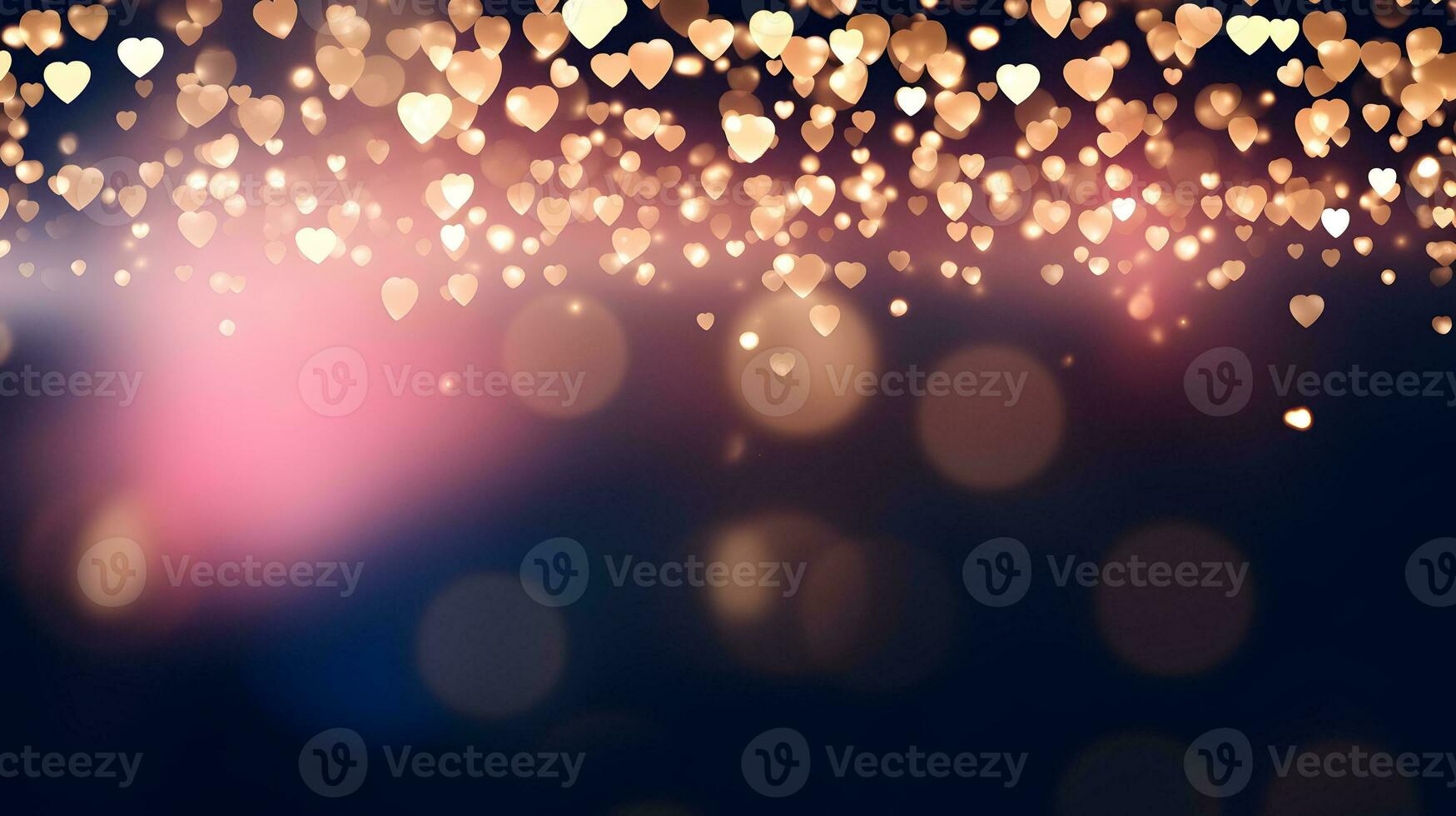 Heart shaped golden bokeh light particles background. Defocused. photo