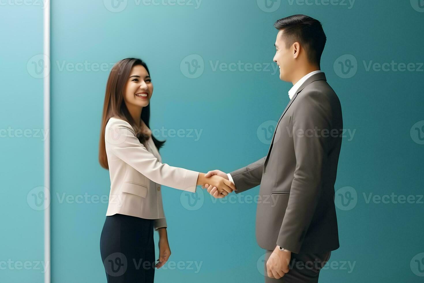 Asian young woman shaking hands with businessman photo