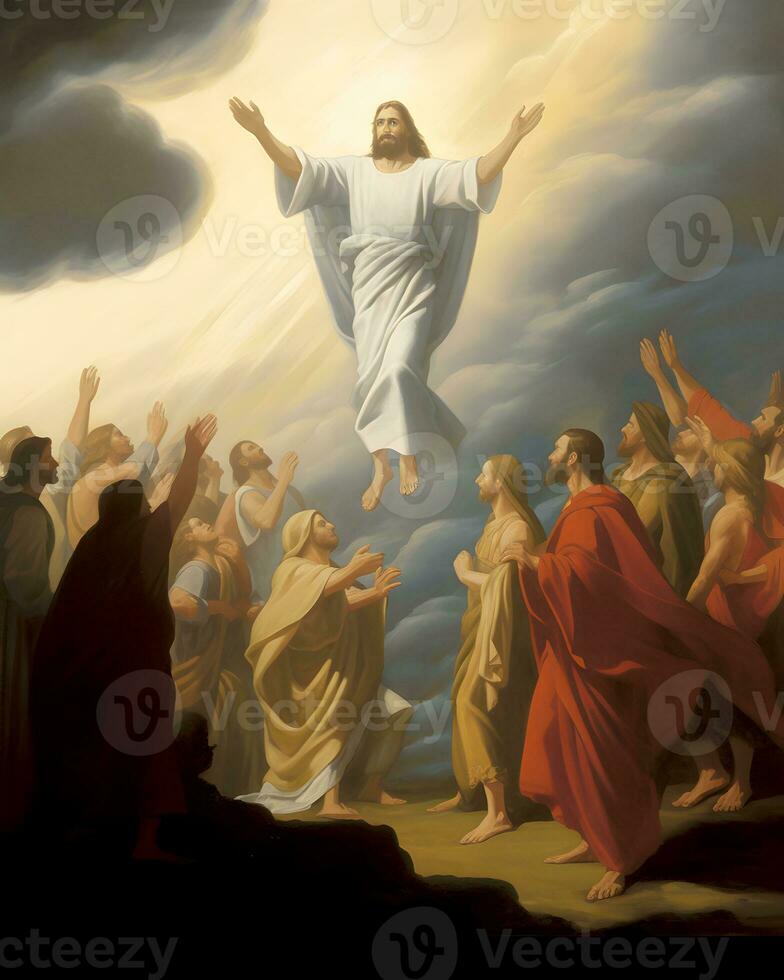 glorioso ascensión de Jesús Cristo, creciente con fe a unirse celestial reino foto