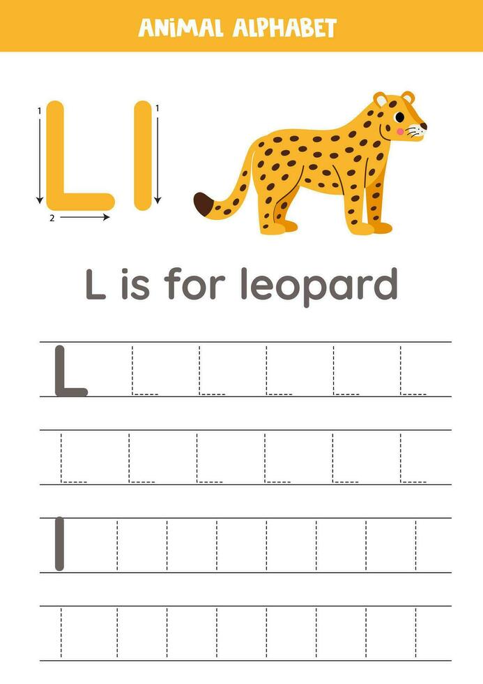 Tracing alphabet letters for kids. Animal alphabet. L is for leopard. vector