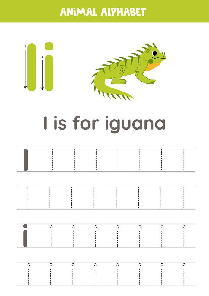 Tracing alphabet letters for kids. Animal alphabet. I is for iguana. vector