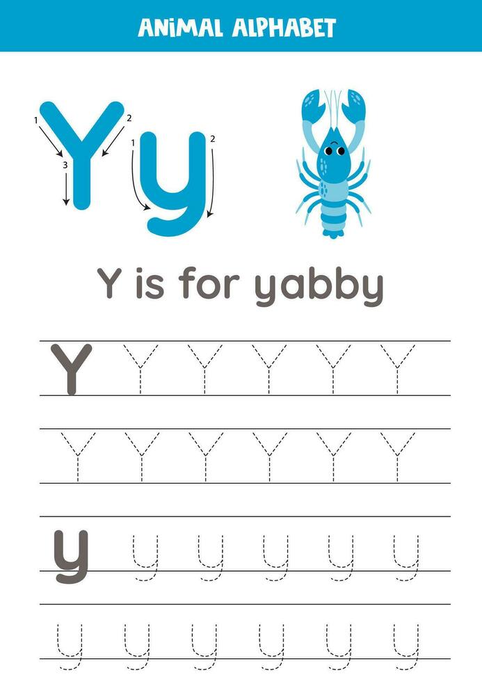 Tracing alphabet letters for kids. Animal alphabet. Y is for yabby. vector