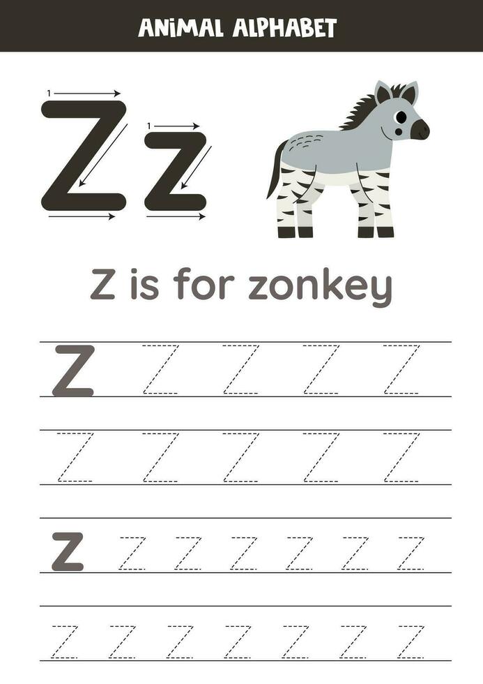 Tracing alphabet letters for kids. Animal alphabet. z is for zonkey. vector