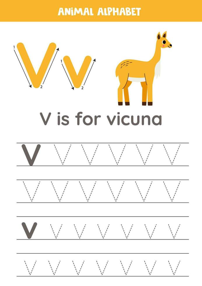 Tracing alphabet letters for kids. Animal alphabet. V is for vicuna. vector