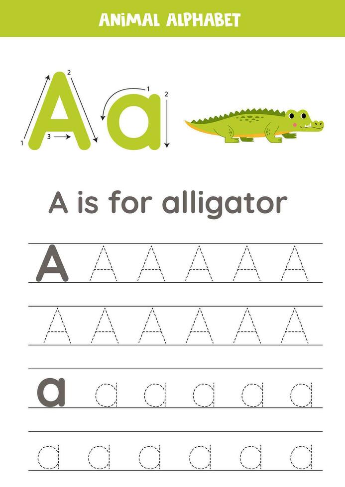 Tracing alphabet letters for kids. Animal alphabet. A is for alligator. vector