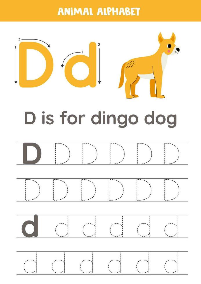 Tracing alphabet letters for kids. Animal alphabet. D is for dingo dog. vector