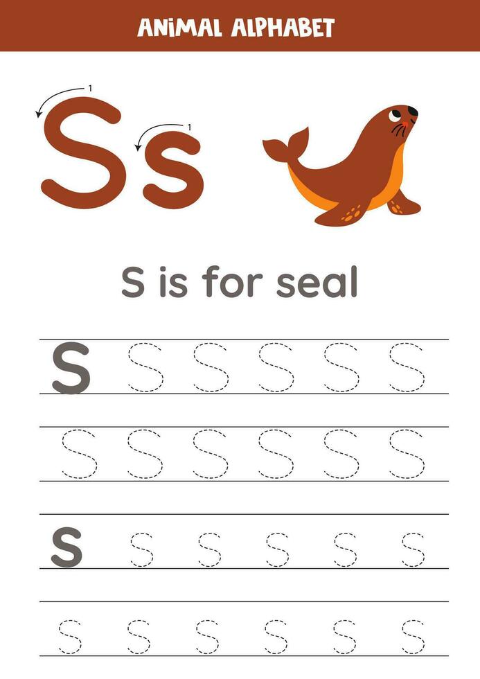 Tracing alphabet letters for kids. Animal alphabet. S is for seal. vector