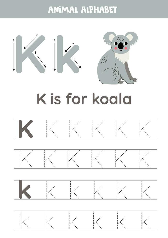 Tracing alphabet letters for kids. Animal alphabet. K is for koala. vector