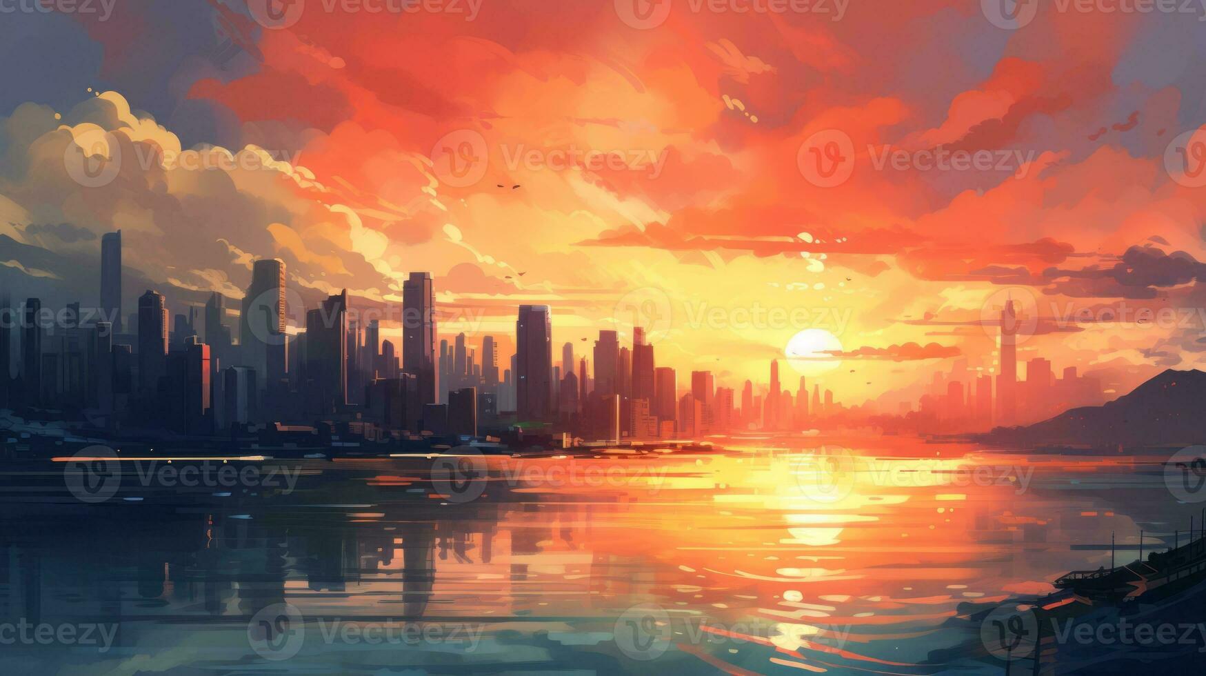 Beautiful city landscape background. Cartoon summer sunset with clouds and lake. Anime style photo
