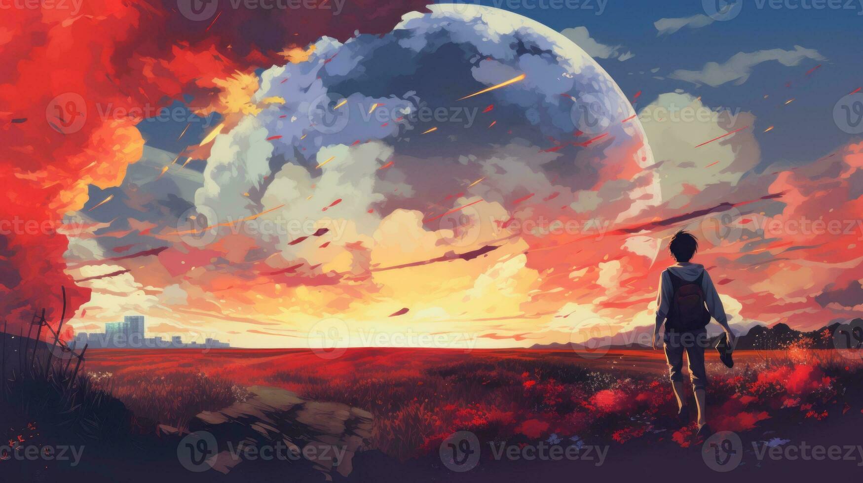 Beautiful city landscape background. Cartoon summer sunset with clouds and lake. Anime style photo
