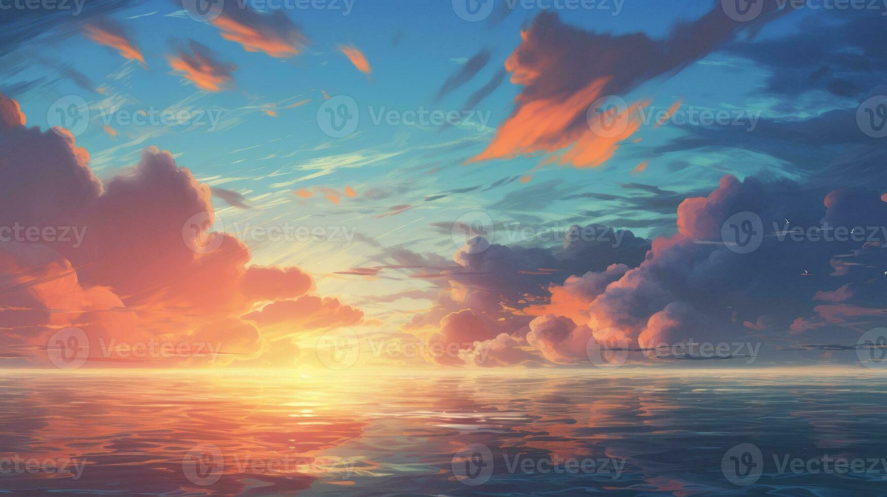 Breathtaking anime style background with a beautiful sunrise, fluffy clouds, a calm sea, and a shining sun. photo