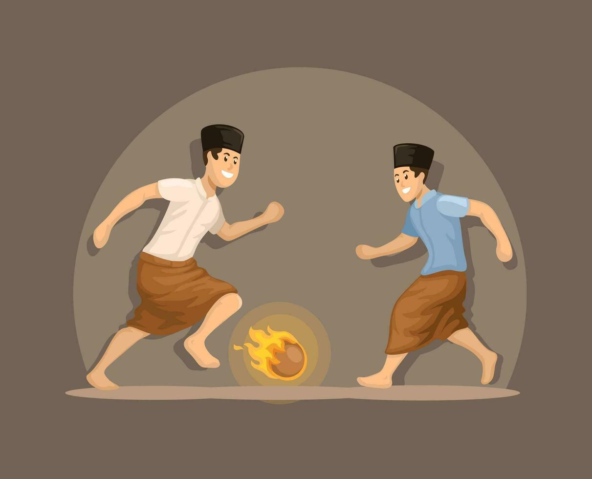 Fireball Soccer With Sarong Indonesian Traditional Game Cartoon illustration Vector