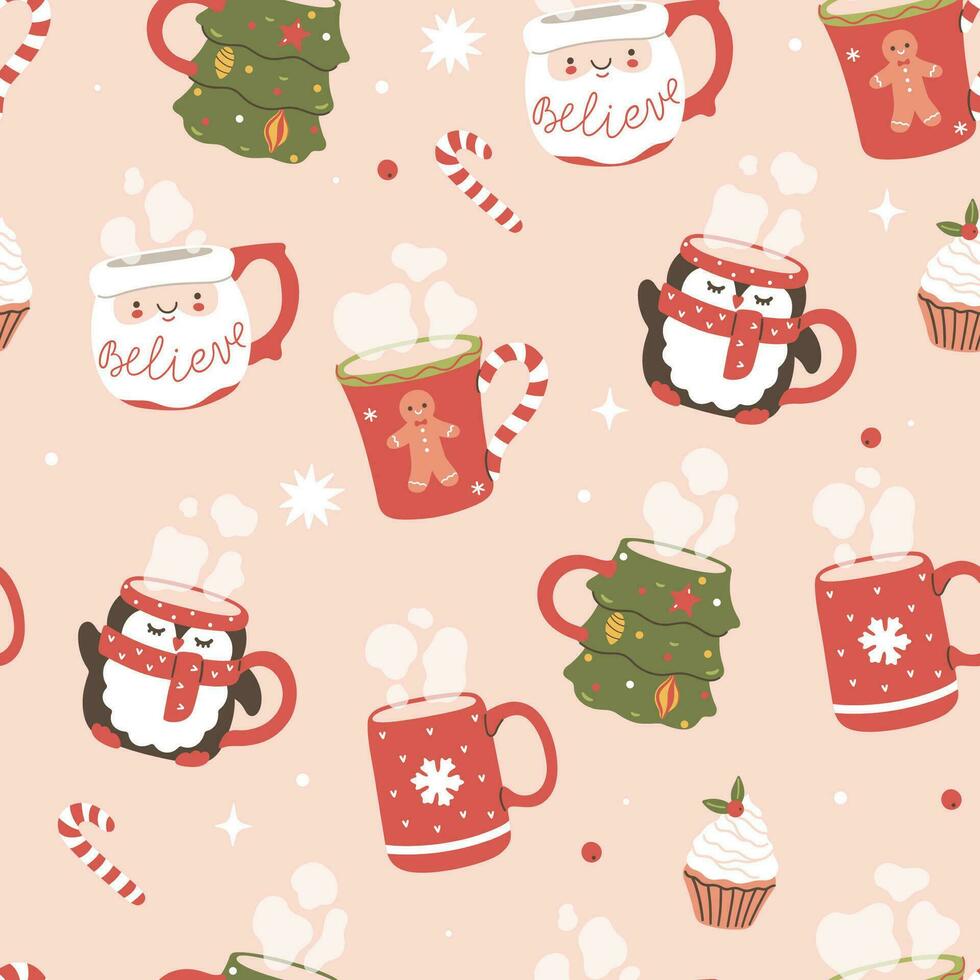 Seamless Christmas pattern with festive mugs. Vector graphics.