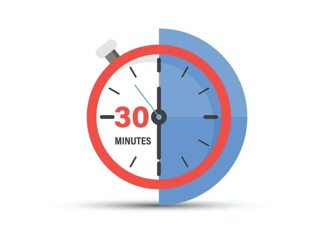 30 minutes on stopwatch icon in flat style. Clock face timer vector illustration on isolated background. Countdown sign business concept.