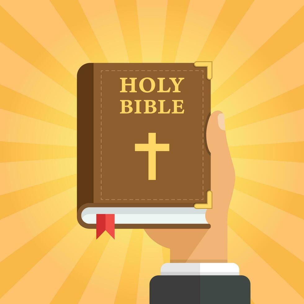 Holy bible in hand icon in flat style. Christianity book vector illustration on isolated background. Religion sign business concept.