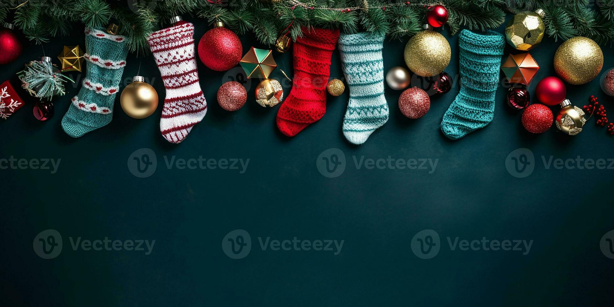 flat lay with a Christmas garland of fir branches, Christmas balls and knitted socks with space for text. cozy background for Christmas and New Year holidays. AI generated photo