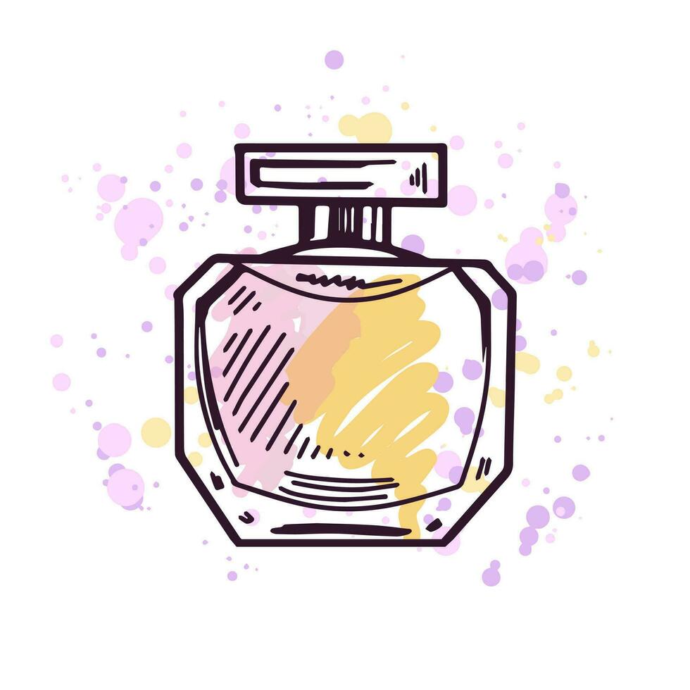 Hand-drawn glass jar with cream, beauty cosmetic element, self care. Illustration on a watercolor pastel background with splashes of paint. Useful for beauty salon, cosmetic store. Doodle sketch. vector