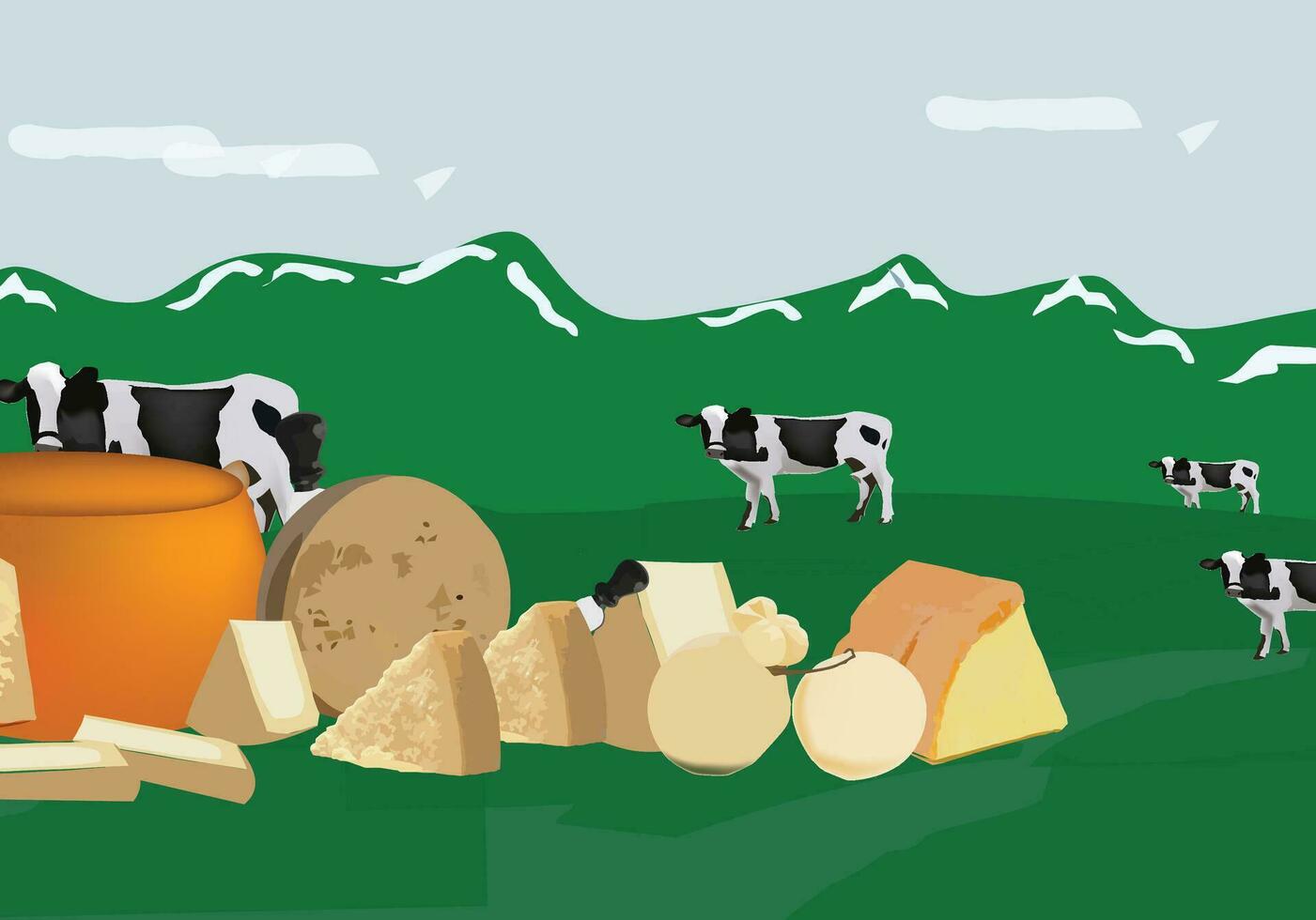 Mountain landscape with grazing cows cheese production- vector