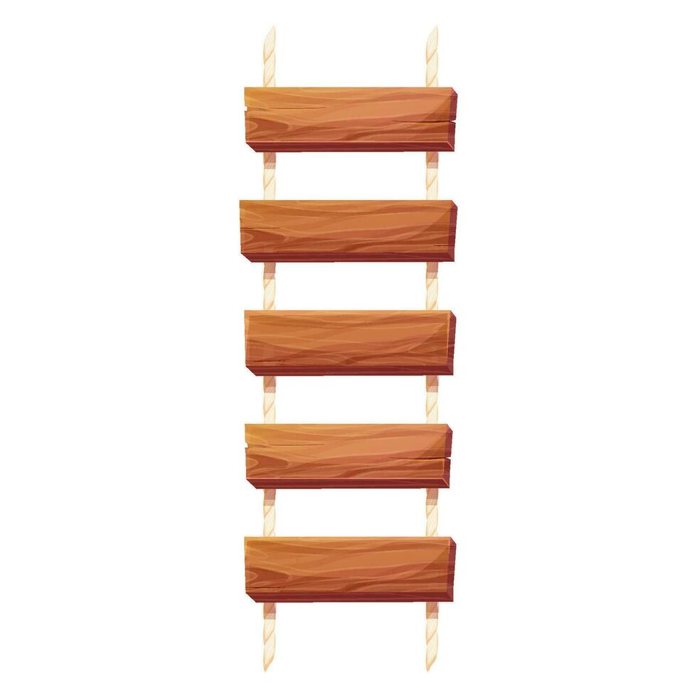 Wooden ladder with rope, planks hanging, staircase in cartoon style isolated on white background, Bridge, game road. Vector illustration