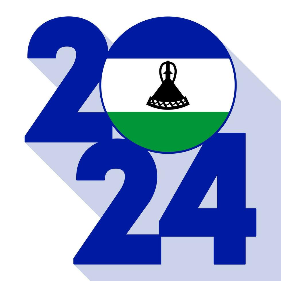 Happy New Year 2024, long shadow banner with Lesotho flag inside. Vector illustration.