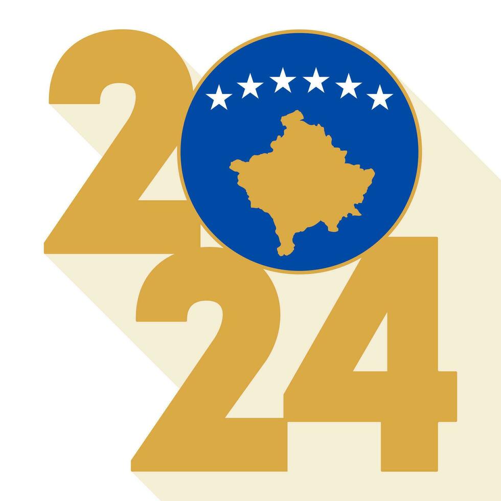 Happy New Year 2024, long shadow banner with Kosovo flag inside. Vector illustration.