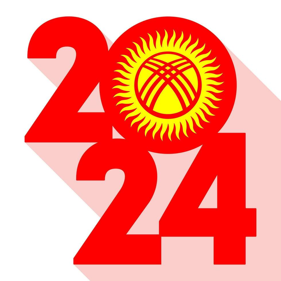 Happy New Year 2024, long shadow banner with Kyrgyzstan flag inside. Vector illustration.